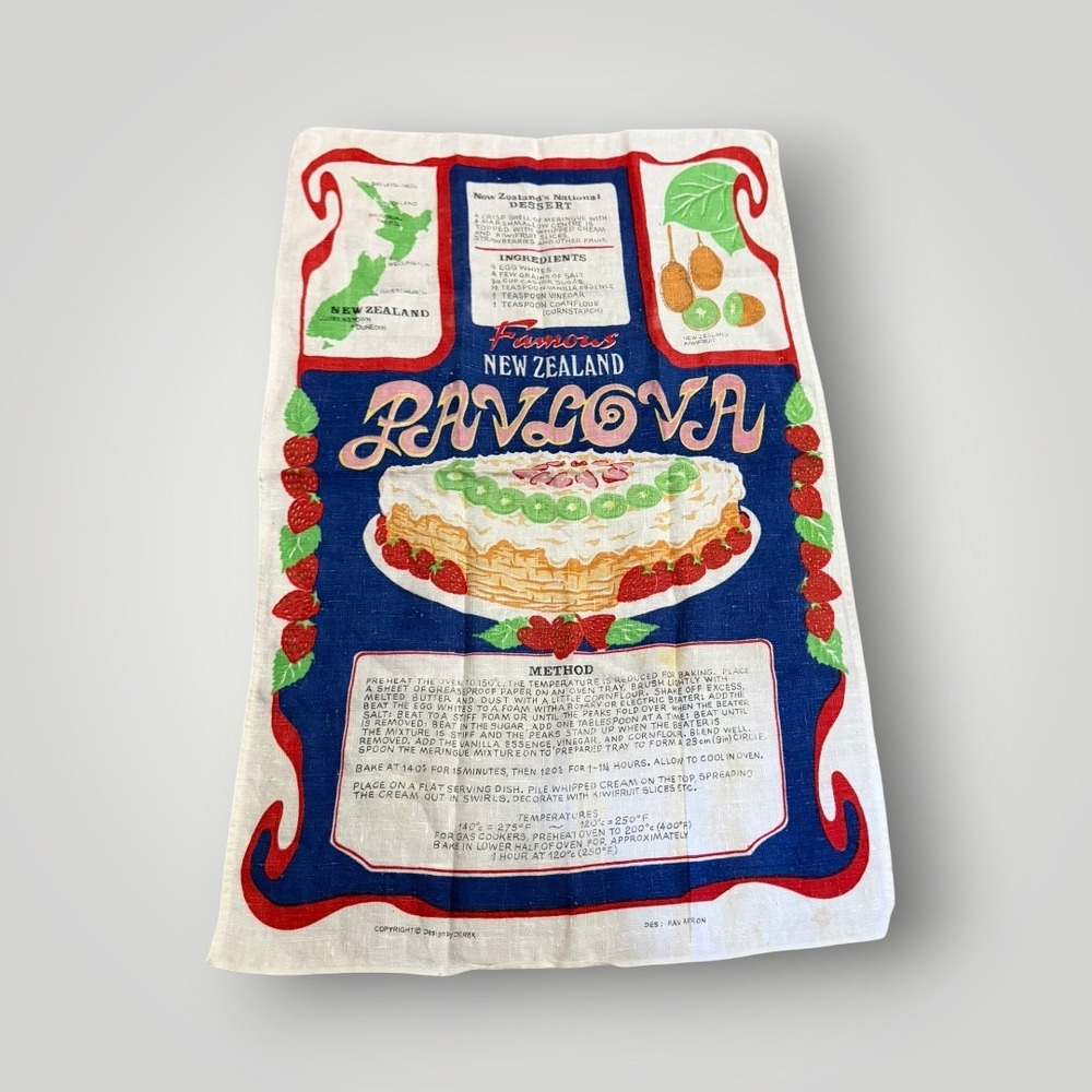 Design by Derek Tea Towel Vintage New Zealand Pavlova Recipe Linen Kiwi Retro